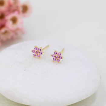 Sterling Silver Pair Of Very Tiny Pink Cz Flower Stud Earrings, 6 of 12