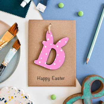 Personalised Easter Card Wooden Letter Bunny Pink, 2 of 2