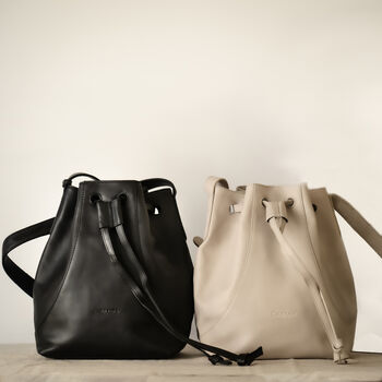 Resa Drawstring Bucket Bag: Black Leather, 2 of 10