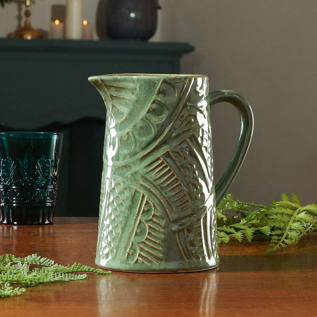 Embossed Jungle Green Ceramic Pitcher Jug By Dibor