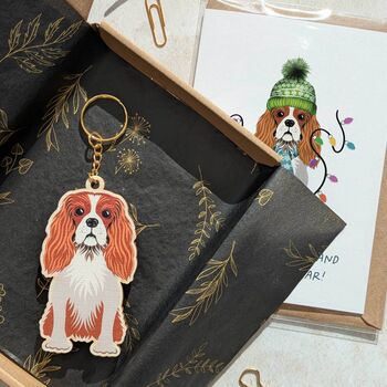 King Charles Spaniel Wooden Keyring With Optional Christmas Card, 2 of 7