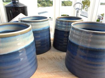 Set Of Four Reactive Glaze Brûlée Mugs In Denim, 8 of 8