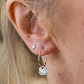 Sterling Silver Stamped Bee Charm Hoops, 2 of 3