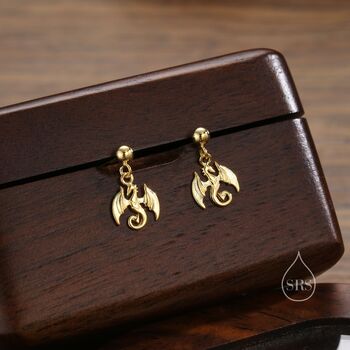 Sterling Silver Tiny Dragon Drop Stud Earrings, 2 of 11
