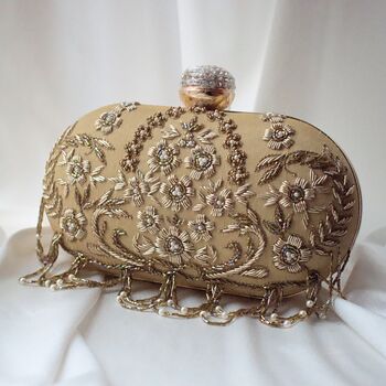 Rameesha Golden Beige Silk Embroidered Oval Clutch Bag, 2 of 3