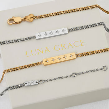 Personalised Woman's Sparkling Petite Cosmic Star Bar Bracelet In Silver, 2 of 11