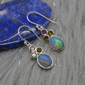 Fire Opal, Tourmaline Earrings: Silver, Dangle Drop, 4 of 6