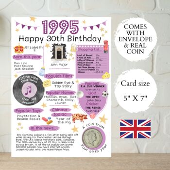 30th Birthday Card With 1995 Coin And Envelope Choose Your Colour, 3 of 3