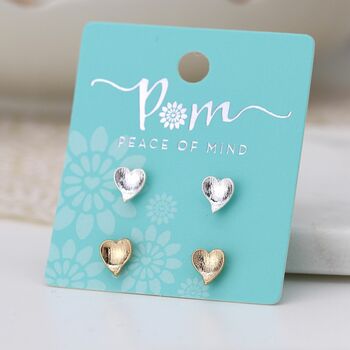 Silver And Gold Plated Heart Stud Earrings Set, 2 of 3
