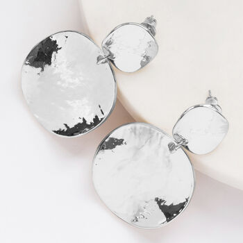 Hammered Double Disc Drop Earrings In Silver Colour, 2 of 3