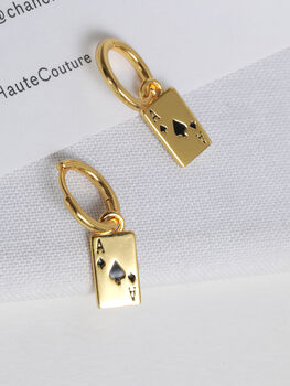 18 K Gold Plated Ace Of Spades Hoop Charm Earrings, 3 of 11