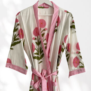 White And Pink Flower Print Cotton Dressing Gown Kimono, 2 of 2
