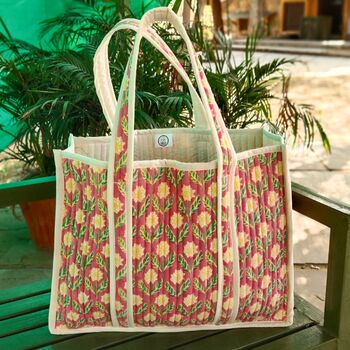 Large Quilted Market Tote Bag With Pink Floral Block Print Design, 3 of 7