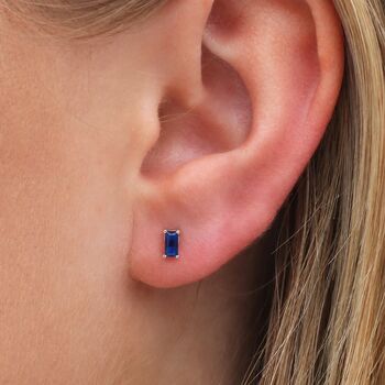 Sterling Silver Emerald Cut Sapphire Blue Stud Earrings, 2 of 3
