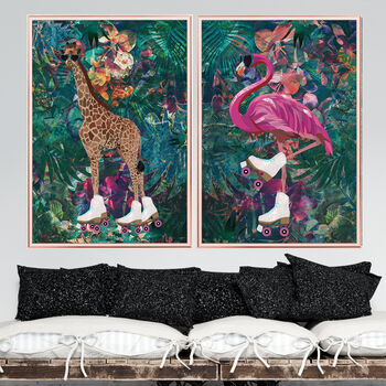 Giraffe Rollerskating In Tropical Flower Jungle Wall Art Print, 3 of 6