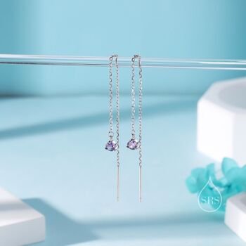 Amethyst Purple Cz Threader Earrings In Sterling Silver, 4 of 11