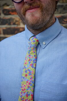Mens Bold Yellow Berry Print Slim Style Tie, 6 of 11