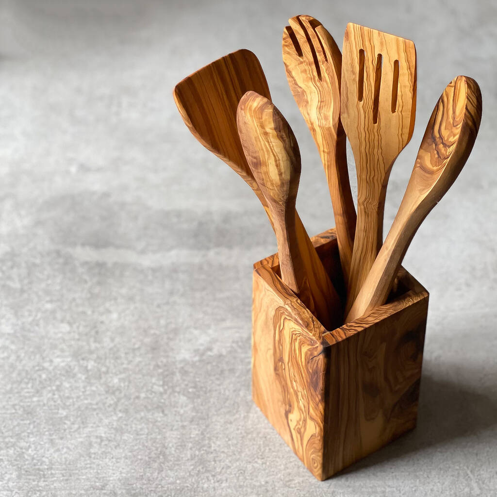 Olive Wood Five Piece Kitchen Utensil Set By The Rustic Dish   Original Olive Wood Kitchen Utensil Set 