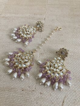 Purple Gold Plated Kundan Earrings And Tikka Set, 4 of 7
