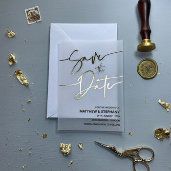 Gold Foil Vellum Save The Date Wedding Invitations, 6 of 6