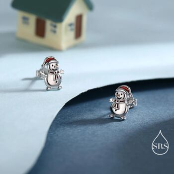 Sterling Silver Cute Snowman With Christmas Hat Stud Earrings, 5 of 11