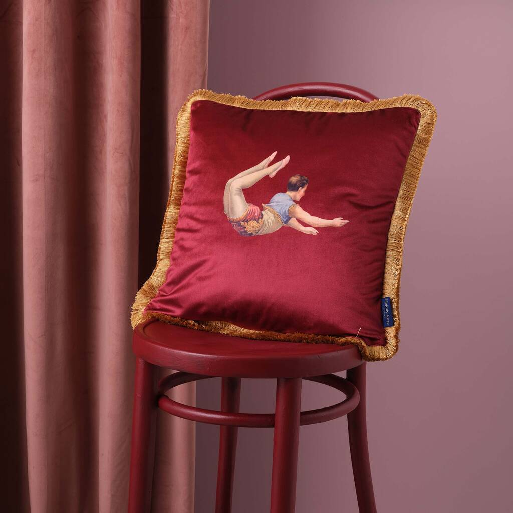 Trapeze Boy Double Sided Velvet Cushion Deep Berry Red And Stripes, 1 of 6