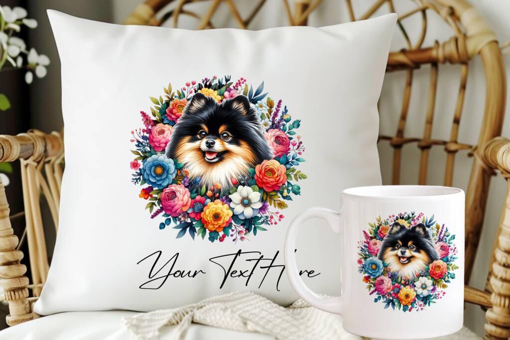 Personalised Pomeranian Summer Floral Dog Wreath Cushion And Mug Gift Bundle B, 1 of 4