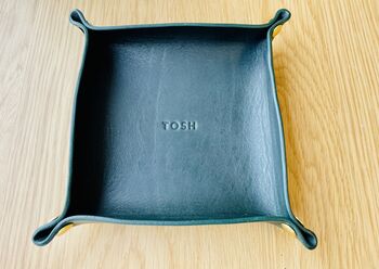 Personalised Dark Racing Green Leather Accessories Tray, 2 of 12