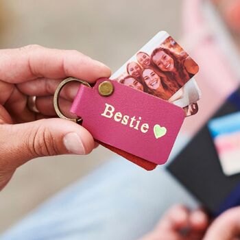 Personalised Leather Keyring For Grandad With Four Metal Photo Cards With Hot Stamped Initials, Name Or Date, 3 of 8