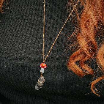 Red Mushroom And Raw Quartz Pendant Necklace, 2 of 6