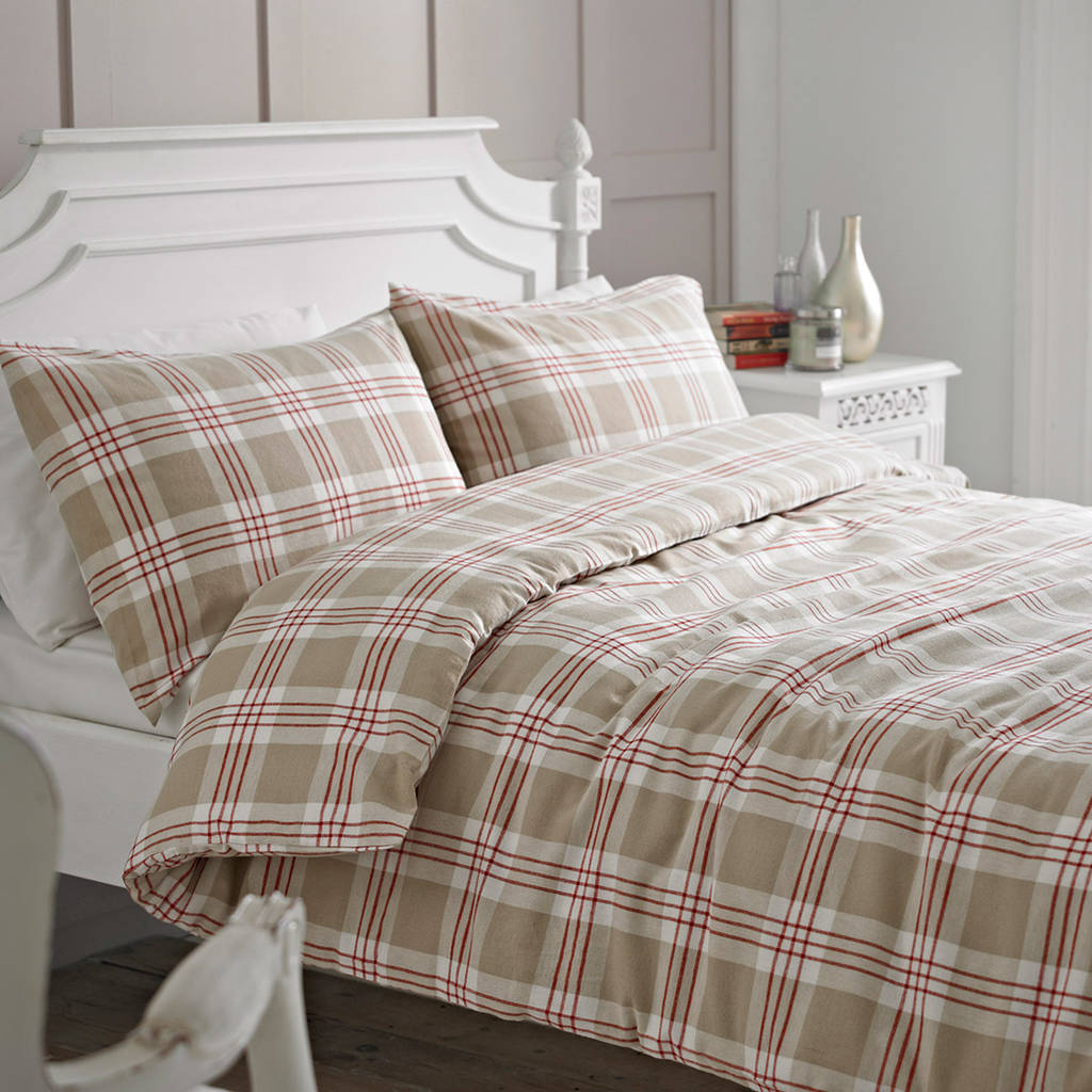 Beige And Red Check Brushed Cotton Duvet Cover Set By Marquis