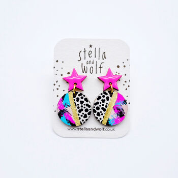 Pink Star Earrings With An Animal Print Abstract Drop, 4 of 7