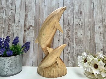Hand Carved Wooden Teak Dolphin Sculpture 30cm Ornament Figurine Gift, 4 of 9
