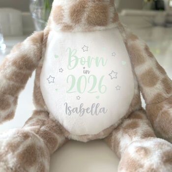 Personalised Born In 2026 Giraffe Teddy Bear 34cm – New Baby, Christening Or 1st Birthday Gift, 6 of 9