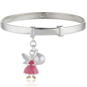 Personalised Sterling Silver Pink Fairy, Pearl Bangle Christening | Baptism | 1st Birthday | Engraved Jewellery, 2 of 7