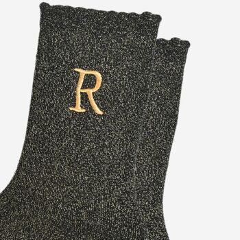 Women's Glitter Socks Black Gold Initial 'R', 3 of 5