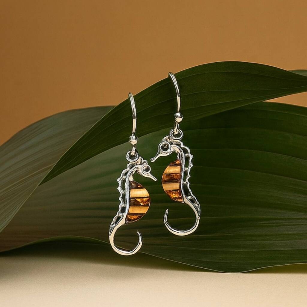 Sterling Silver Amber Seahorse Drop Earrings