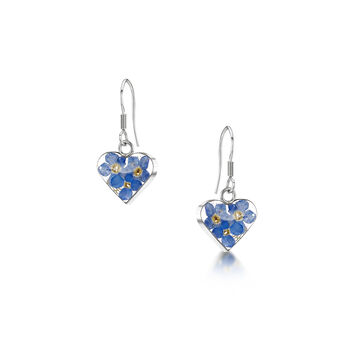 Sterling Silver Heart Charm Earrings Handmade With Real Forget Me Not Flowers, 2 of 11