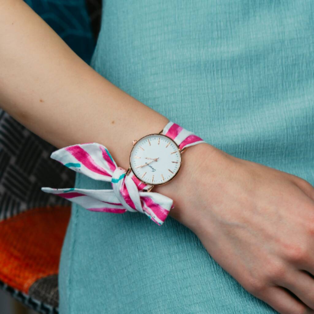 Pink Blue Print Changeable Women Cotton Wrist Watch, 1 of 8