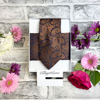 Navy And Copper Paisley Wedding Tie Set, 5 of 6