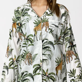 Giraffe And Leopard Print 100% Cotton Ladies Pyjamas In White, 2 of 10