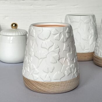 Porcelain And Beech Tealight Lantern With Gingko Design, 2 of 3