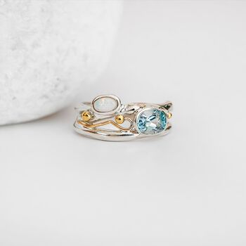 Molten Sterling Silver Blue Topaz And White Opal Ring, 4 of 8