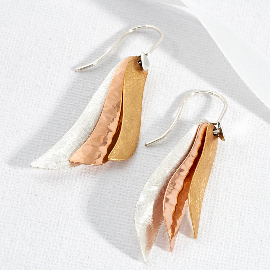 three coloured metal textured ribbon earrings by the london earring