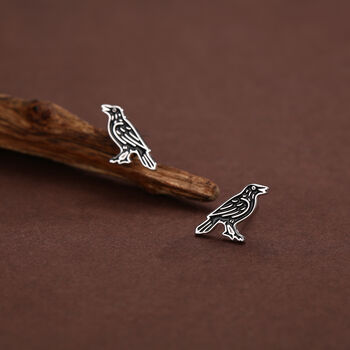 Sterling Silver Crow Raven Bird Stud Earrings, 2 of 11