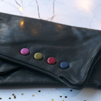 Black Leather Lined Gloves With Button Detail, 6 of 10