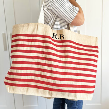 Personalised Monogram Red Stripe Beach And Shopping Bag, 2 of 6