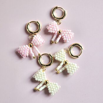 18ct Gold Plated Beaded Bow Huggie Hoop Earrings, 4 of 7