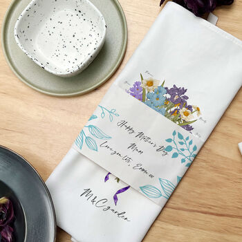 Hand Illustrated Birth Flower Family Bunch Tea Towel, 3 of 9