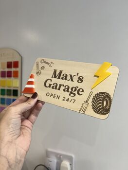 Personalised Wooden Car Garage Playroom Sign Montessori Pretend Play Accessory, 6 of 7